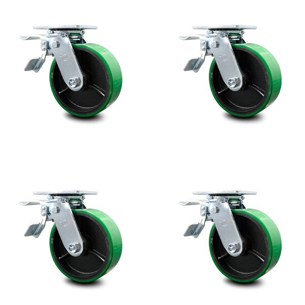 6 Inch Green Poly on Steel Caster Set with Roller Bearing and Total Lock Brake